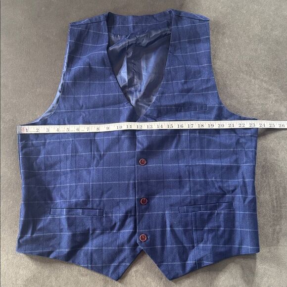 Men’s Blue Plaid 3 Piece Slim Fit Suit Notched Lapel Jacket 44 Pants 40 NEW - Picture 13 of 16